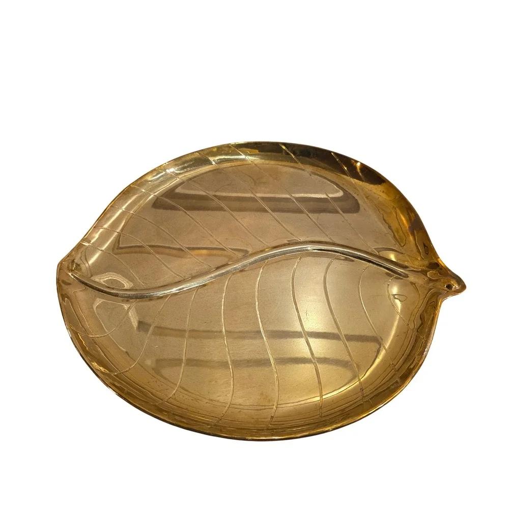 Vintage Brass Leaf Tray, MCM Large Gold Decorative Platter, Andre by Sadek